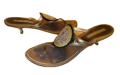 Claudio Merazzi Crystal Metallic Thong Kitten Heel Sandal Sz 39
