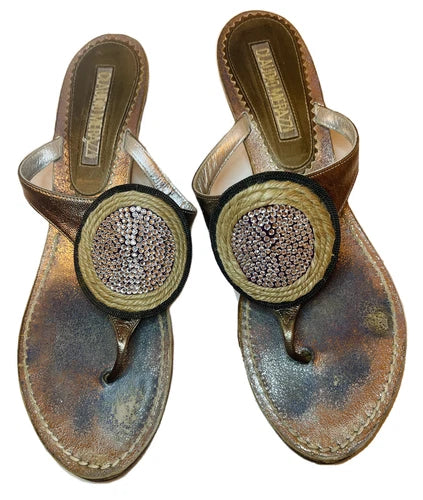 Claudio Merazzi Crystal Metallic Thong Kitten Heel Sandal Sz 39