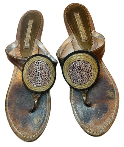 Claudio Merazzi Crystal Metallic Thong Kitten Heel Sandal Sz 39