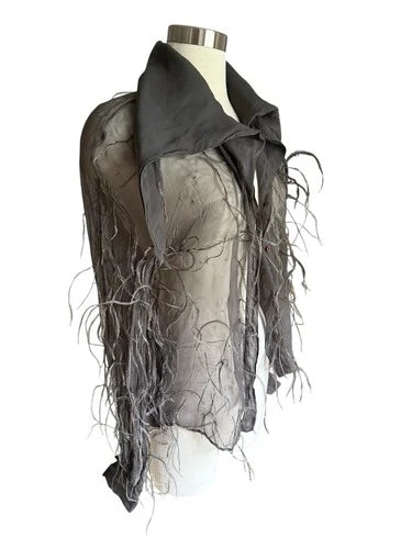 CLAUDE MONTANA Gray Silk Chiffon Blouse Shirt Oversized Collar & Feathers Sz Med