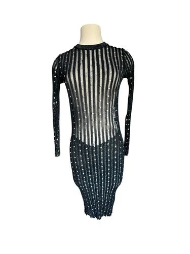 Philipp Plein Couture Mesh Striped Crystal Body Con Knit Dress Sz XS