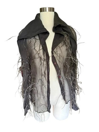CLAUDE MONTANA Gray Silk Chiffon Blouse Shirt Oversized Collar & Feathers Sz Med
