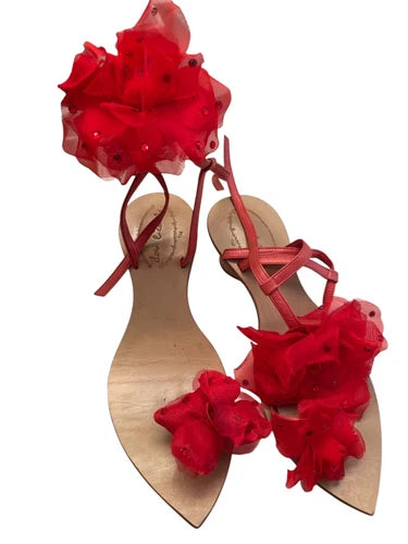 Don Ciccillo Cieccillo Red Flower Ankle Strap Sandals Sz 8