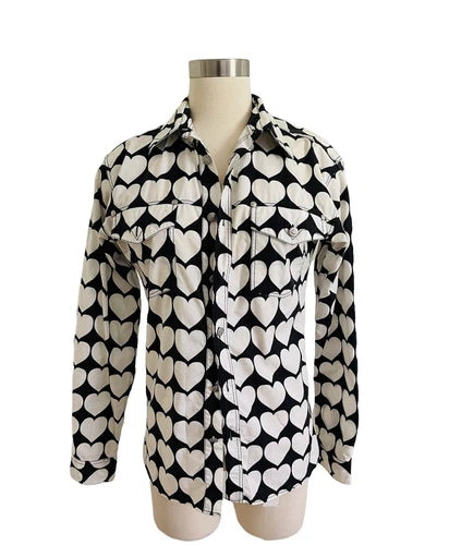 VERSACE YOUNG Black White Heart Vintage Top Button Down Shirt Sz 14