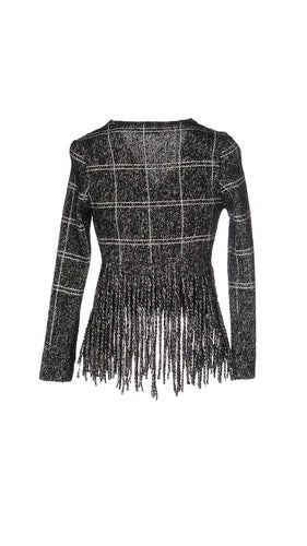 Aviu Italy Fringe Black Gray Plaid Zip Wool Blend Cardigan Sweater Sz 40