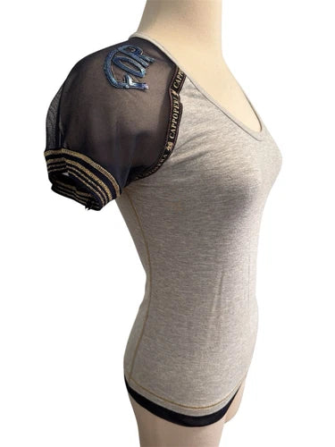 Cappopera Gray Sequin & Mesh Sleeve T Shirt Top Sz 42