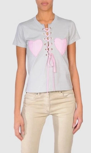 Petro Zillia Women Pink Heart Laced Front T Shirt Sz Med