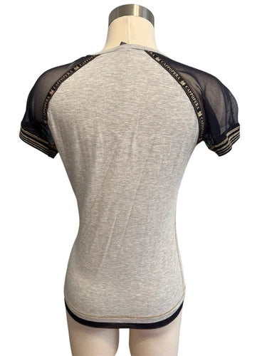 Cappopera Gray Sequin & Mesh Sleeve T Shirt Top Sz 42