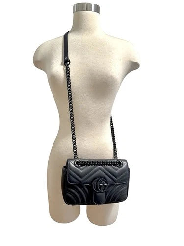 Gucci Small GG Marmont Black Matelassé Leather Chevron Crossbody Bag Purse