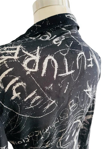 Vintage MOSCHINO JEANS Black Graffiti Semi Sheer Shirt Blouse Sz Small