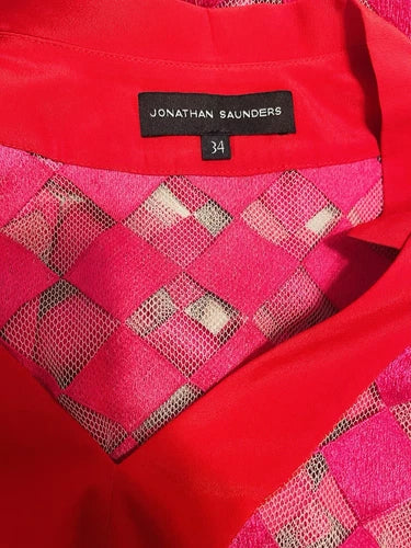 Jonathan Saunders 2014 Runway Pink Sheer Diamond Checker Shirt Top Sz 34