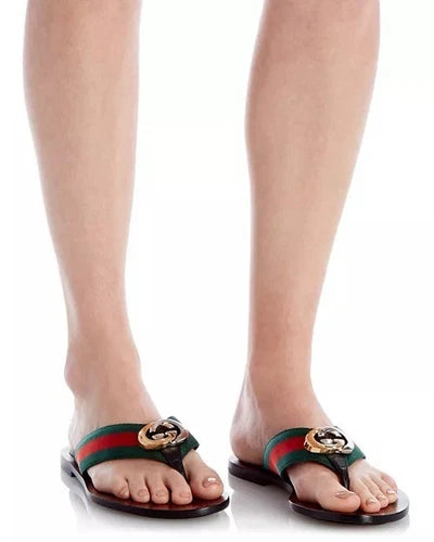Gucci Kika GG Web Stripe Thong Sandals Sz 37.5