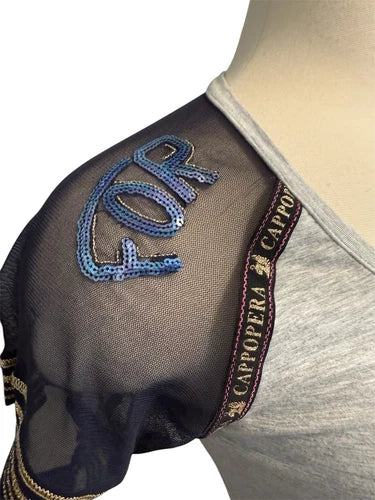 Cappopera Gray Sequin & Mesh Sleeve T Shirt Top Sz 42