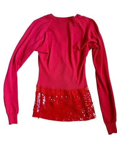 HAUTE VINCENZO DE COTIIS Italy Red V Neck Sequin Hem Knit Sweater Top Luxury