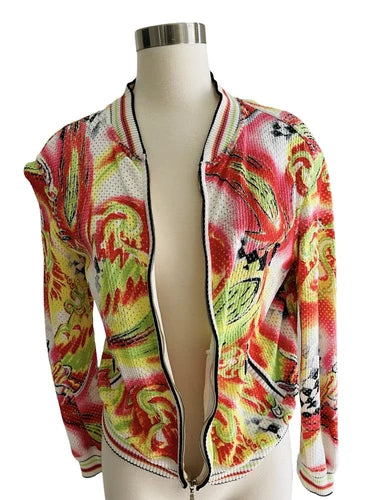 Escada Graffiti Mesh Knit Zip Printed Cardigan Jacket Sz 34