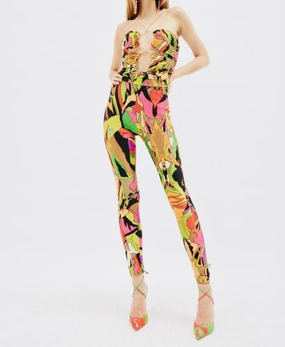 DUNDAS Stormy Cut-Out Chain Camo Jumpsuit Bodysuit Catsuit Size 40 New!