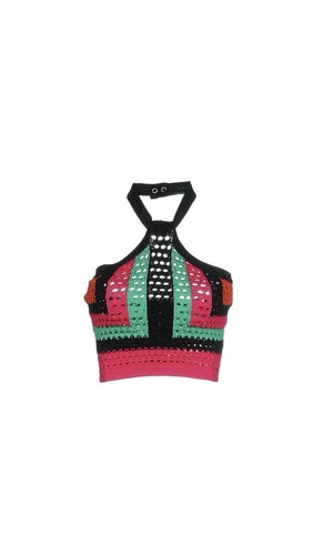 BALMAIN Striped Multicolor Knit Crochet Crop Halter Top Sz 38 NWT