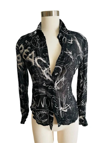 Vintage MOSCHINO JEANS Black Graffiti Semi Sheer Shirt Blouse Sz Small