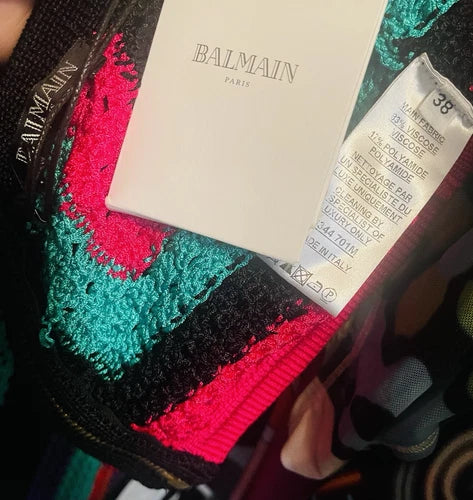 BALMAIN Striped Multicolor Knit Crochet Crop Halter Top Sz 38 NWT