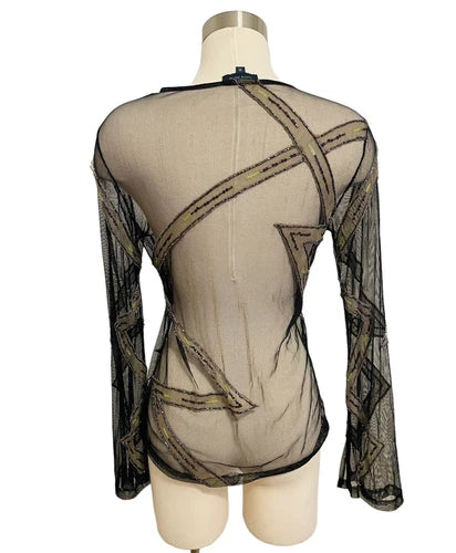 Antik Batik Black Mesh Sequin Tunic Top Sz Med