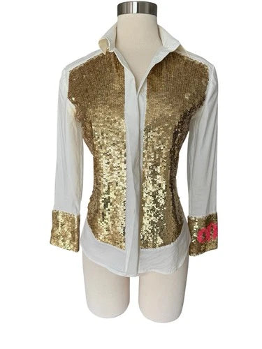 Who's Who One Gold Sequin Shirt Y2K Glam Button Blouse Sz Med Who’s Who Italy
