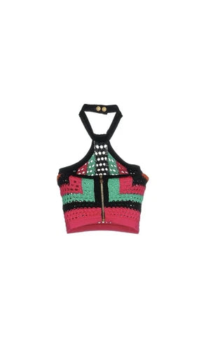 BALMAIN Striped Multicolor Knit Crochet Crop Halter Top Sz 38 NWT