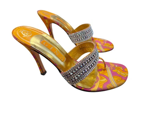 GINA London Vintage Rhinestone Thong Paisley Orange Heels Sandals Sz UK 6 USA 8