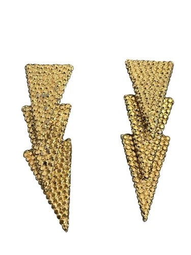 Richard Kerr Swarovski Crystal Gold Rhinestone Drop Dangle Triangle Earrings Vtg