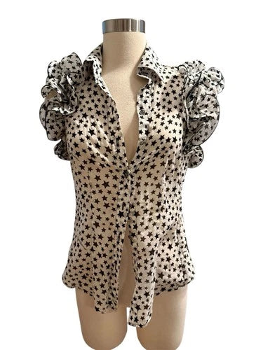 Roccobarocco Ruffle Sleeve Star Print Shirt Sz 42