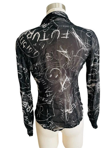 Vintage MOSCHINO JEANS Black Graffiti Semi Sheer Shirt Blouse Sz Small