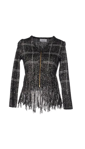 Aviu Italy Fringe Black Gray Plaid Zip Wool Blend Cardigan Sweater Sz 40