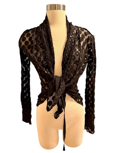 Jean Paul Gaultier Black Polka Dots Sequin Mesh Tie Top Shirt Sz Small