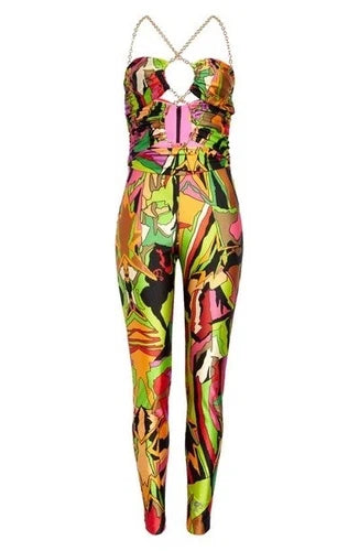 DUNDAS Stormy Cut-Out Chain Camo Jumpsuit Bodysuit Catsuit Size 40 New!
