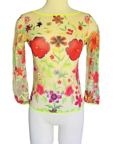 Christain Lacroix Vintage Rare Floral Sheer Multicolored Top Shirt Sz Sm