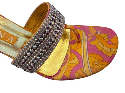 GINA London Vintage Rhinestone Thong Paisley Orange Heels Sandals Sz UK 6 USA 8