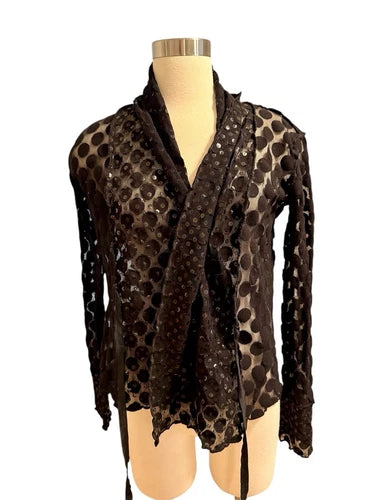 Jean Paul Gaultier Black Polka Dots Sequin Mesh Tie Top Shirt Sz Small