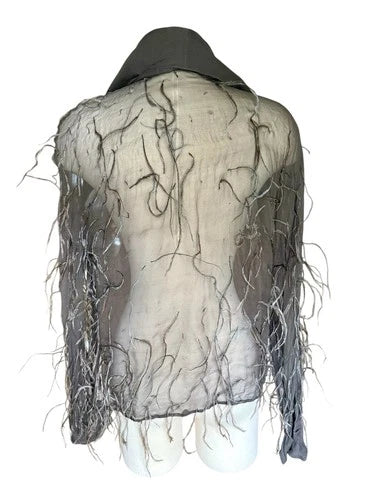 CLAUDE MONTANA Gray Silk Chiffon Blouse Shirt Oversized Collar & Feathers Sz Med